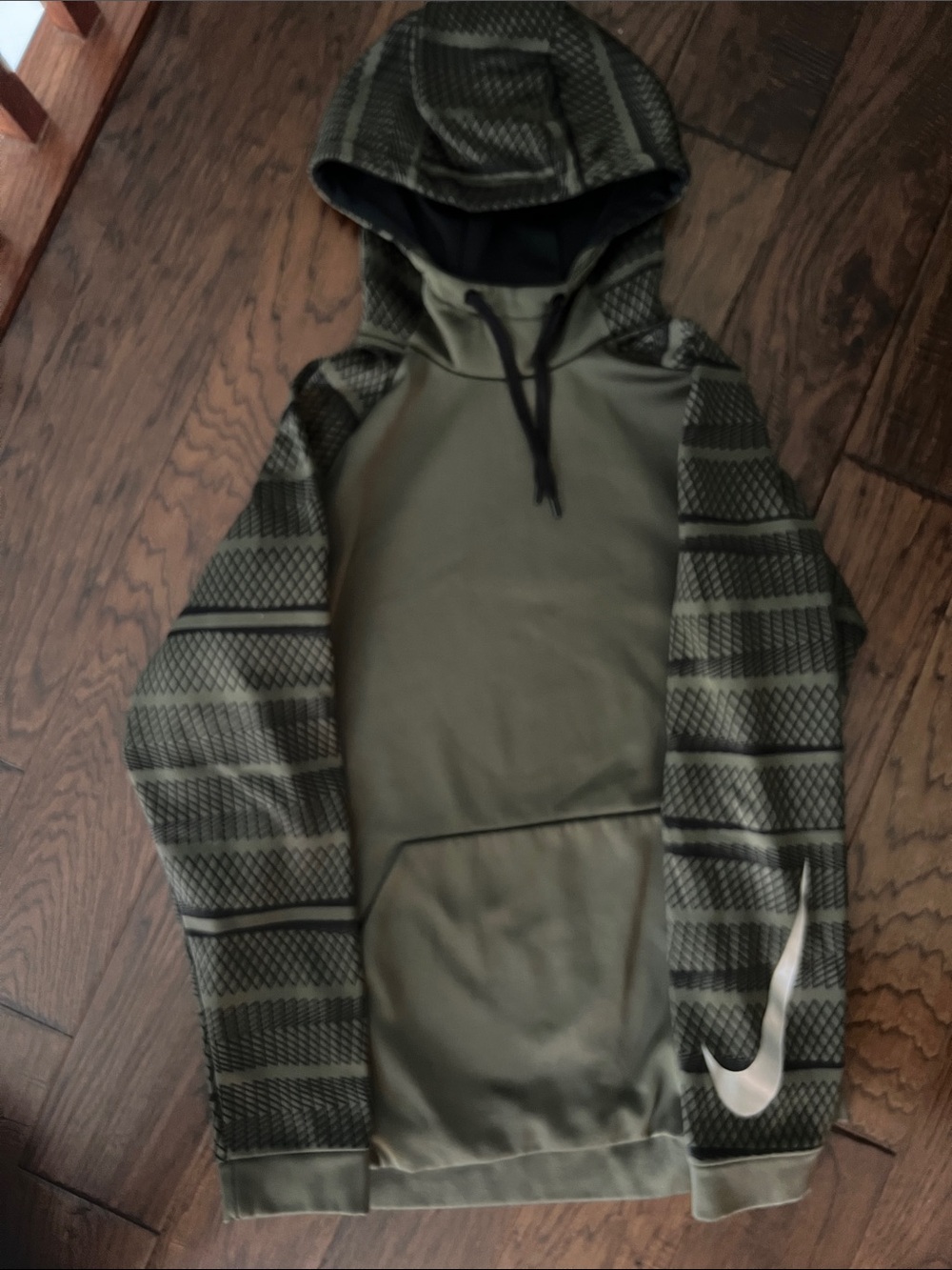 Olive Green Hoodie with Geometric Sleeve and White Swoosh